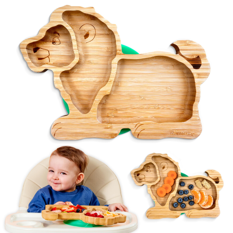 Bambamkidz Bamboo Divided Suction Plate Baby - Strong Suction Toddler Plates - Non-Toxic All Natural Eco Friendly Materials - Lion