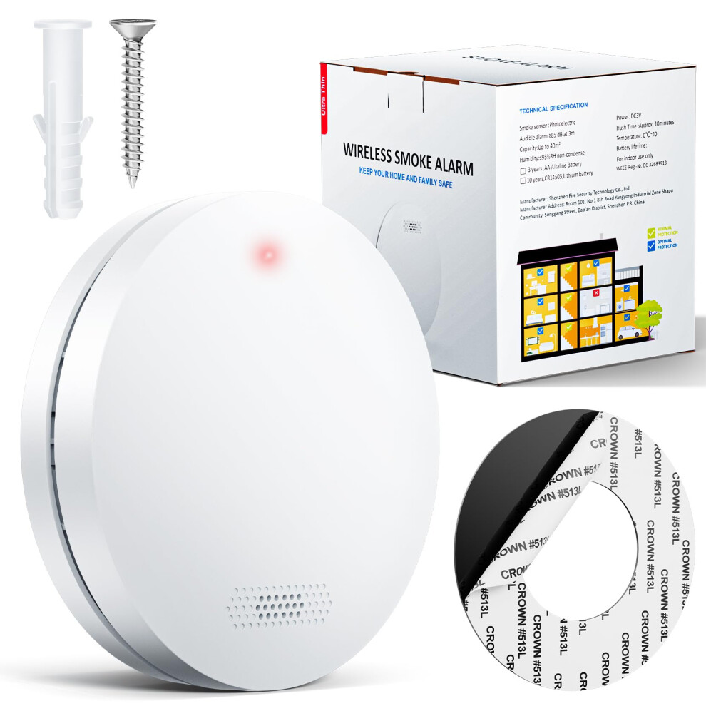 Smoke Alarm 2024, Fire Alarm 10-Year Battery Winner, Fire Detector, No Drilling, 85dB, Smoke Detector, Standalone, Non-Interconnection