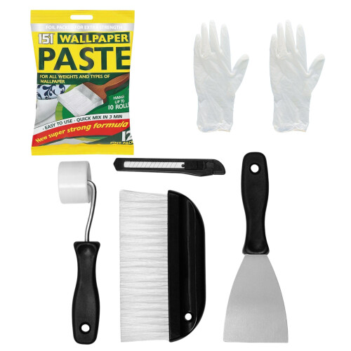 Wallpaper Paste Kit - Set Includes 1x10 Roll Adhesive Wallpaper Paste and Wallpaper Kit Containing, Roller, Hanging Brush, Scraper, Wallpaper Trimmer