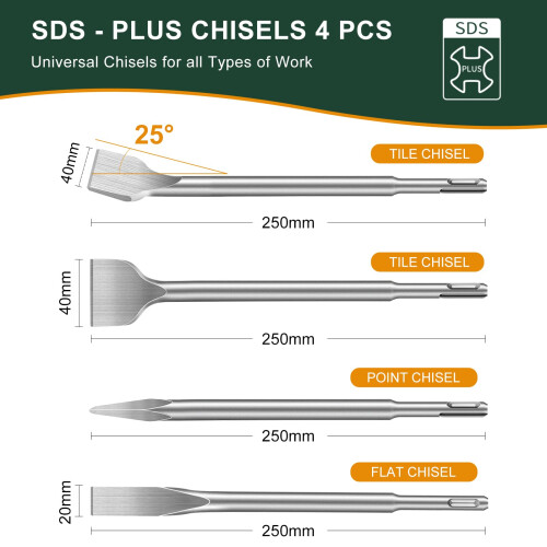 SDS Plus Chisel Set, 4-Piece SDS Plus Tile Chisel, 1 x Pointed Chisel, 1 x Flat Chisel, 2 x Tile Chisels, Professional Tile Chisel for All SDS Plus 1