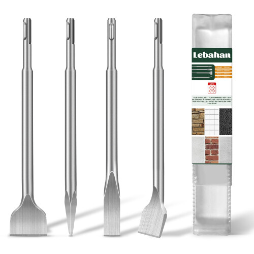 SDS Plus Chisel Set, 4-Piece SDS Plus Tile Chisel, 1 x Pointed Chisel, 1 x Flat Chisel, 2 x Tile Chisels, Professional Tile Chisel for All SDS Plus