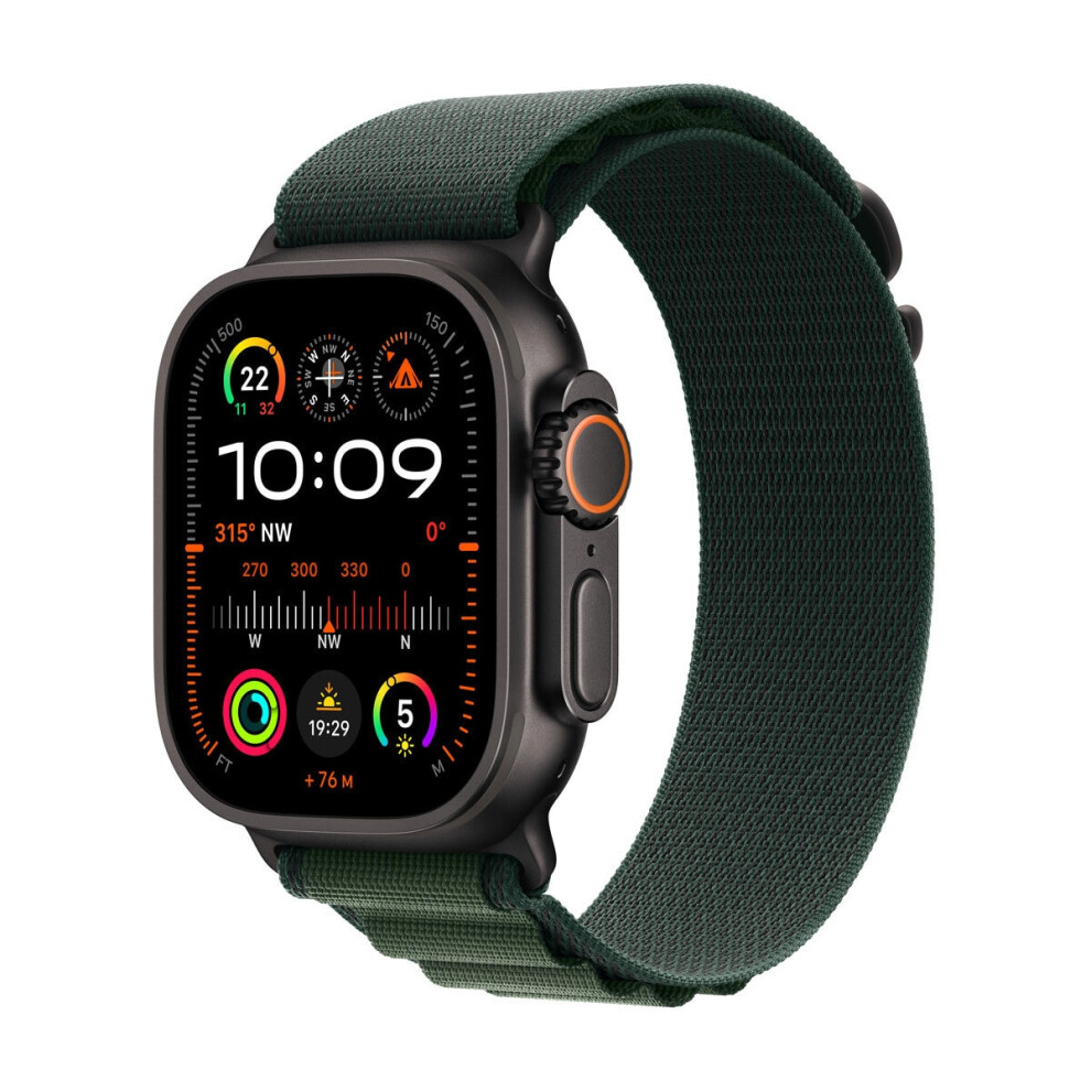 Apple Watch Ultra 2 - 49 mm - black titanium - smart watch with Alpine Loop - textile - dark green - band size: L - 64 G