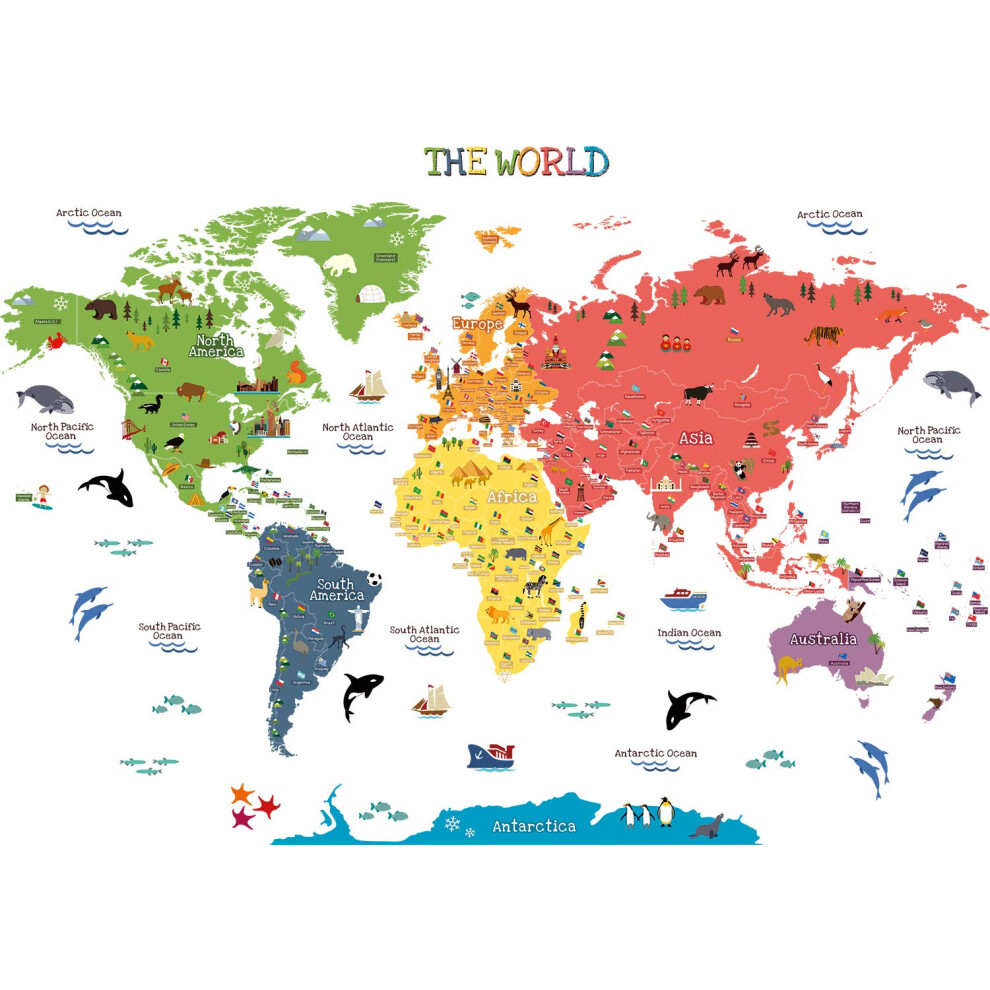 Large Removable Educational World Map Peel And Stick Wall Stickers For Kids Nursery Playroom Wall Arts Décor… Homeevolution