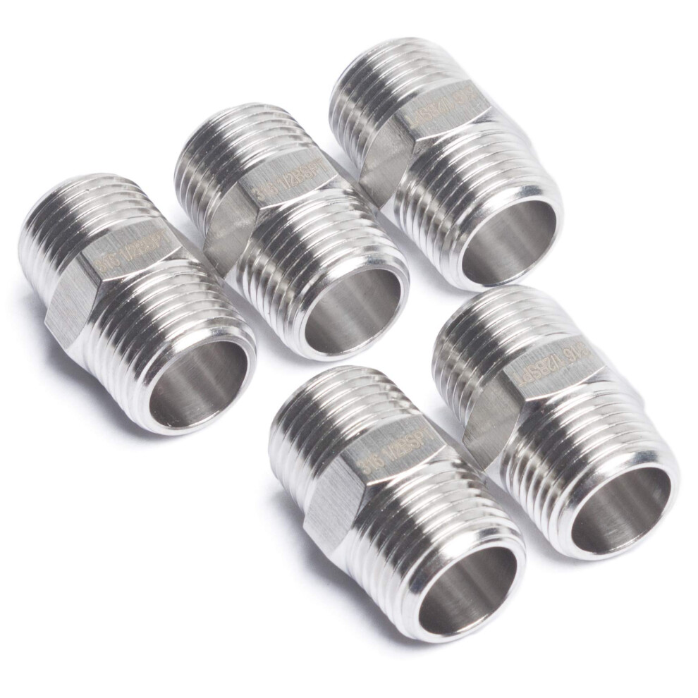 Stainless Steel 316 Pipe Hex Nipple Fitting 1/2-Inch Male Bspt Air Fuel (Pack Of 5) 671072564273