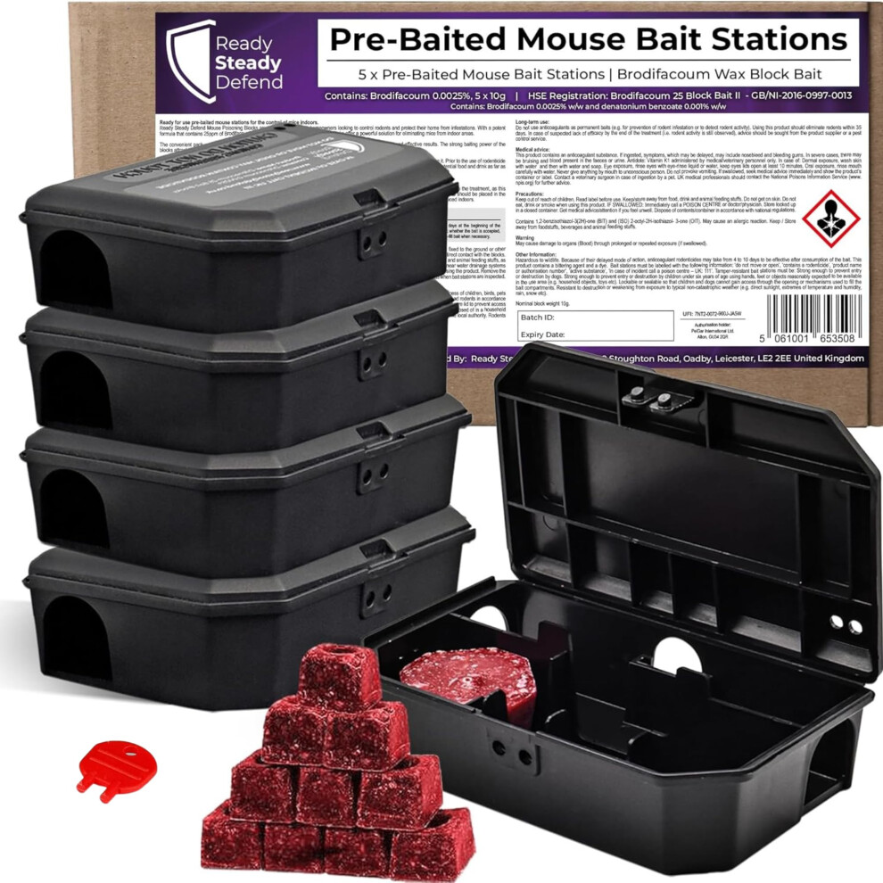 Pre-Baited Mouse Control Boxes (5 x 10g) - Reusable Rodenticide Kit, UK Made with Professional Grade Brodifacoum Poison Blocks for Effective Indoor
