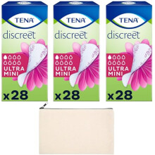 Tena Discreet Pads for Women Bundle with Ultra Mini Panty Liners Fresh Odour Control 3 Packs of 28 Pads and Wishesla Cream Fabric Bag for Stylish