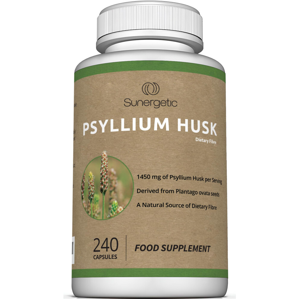 Sunergetic Premium Psyllium Husk Capsules - Psyllium Husk Fibre Supplement Helps Support Digestion, Intestinal Health & Regularity - 240 Psyllium Husk Fibre