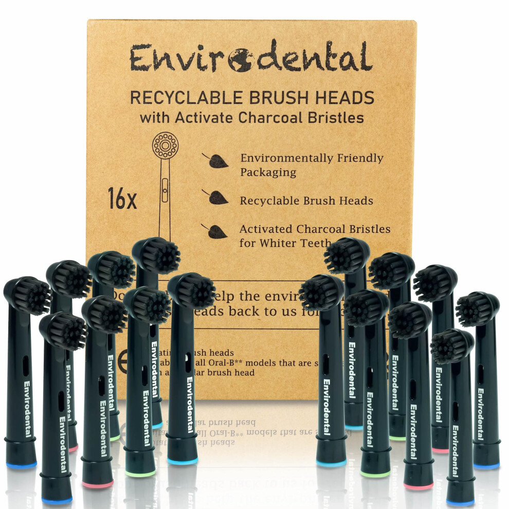 Eco Friendly Replacement Toothbrush Heads by Envirodental - Compatible with Oral B - Fully Recyclable Pack of 16 Brushes - with Activated Charcoal