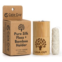 Natural Unflavored Silk Dental Floss with Floss Refill & Reusable Bamboo Holder | 2 x 33yds Compostable Pure Silk Waxed with Candelilla Wax |