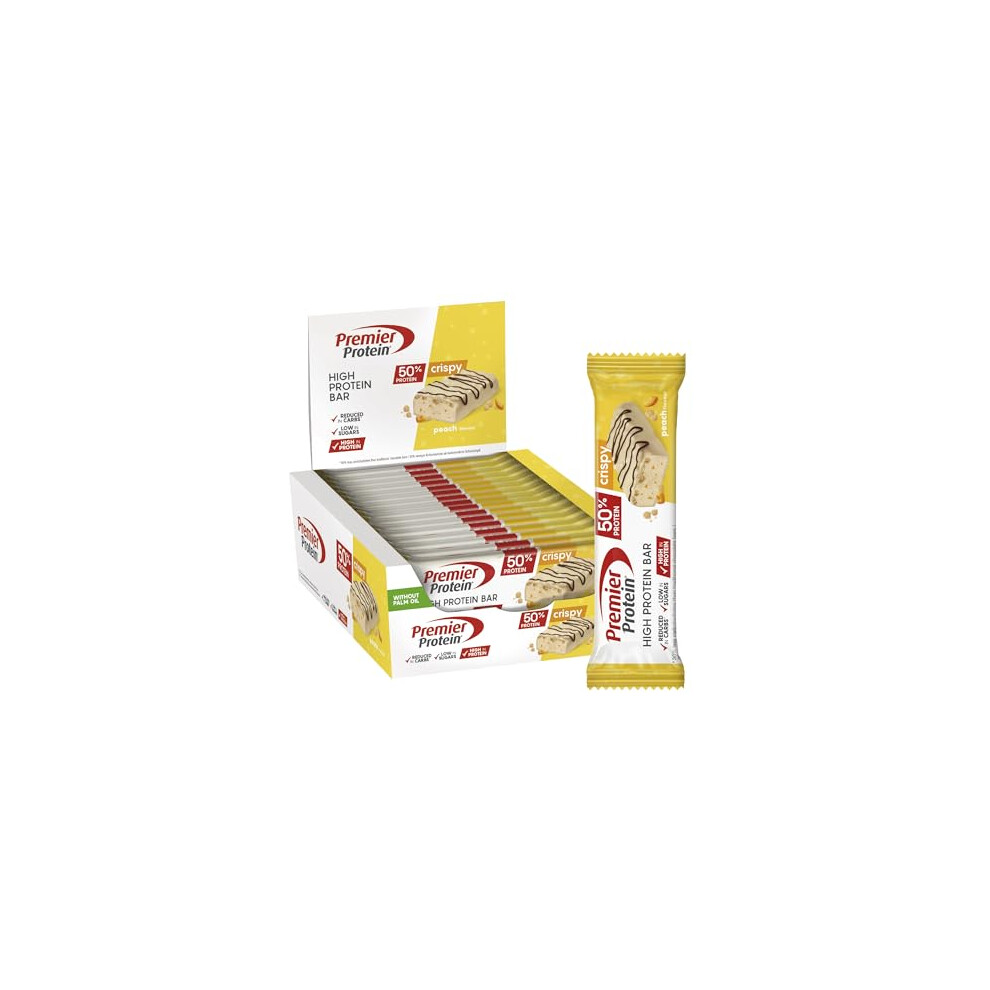 Premier Protein High Protein Bar Crispy Peach 16X40g - High Protein Low Sugar + Palm Oil Free
