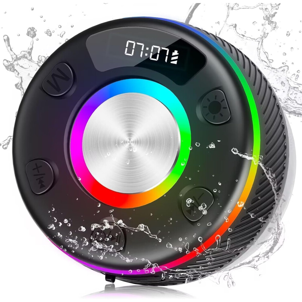 (Black) Bluetooth Shower Speaker, Portable Speaker Bluetooth 5.3 with HD Sound Quality, IPX7 Waterproof, Colorful RGB Light/LED Display/Suction Cup