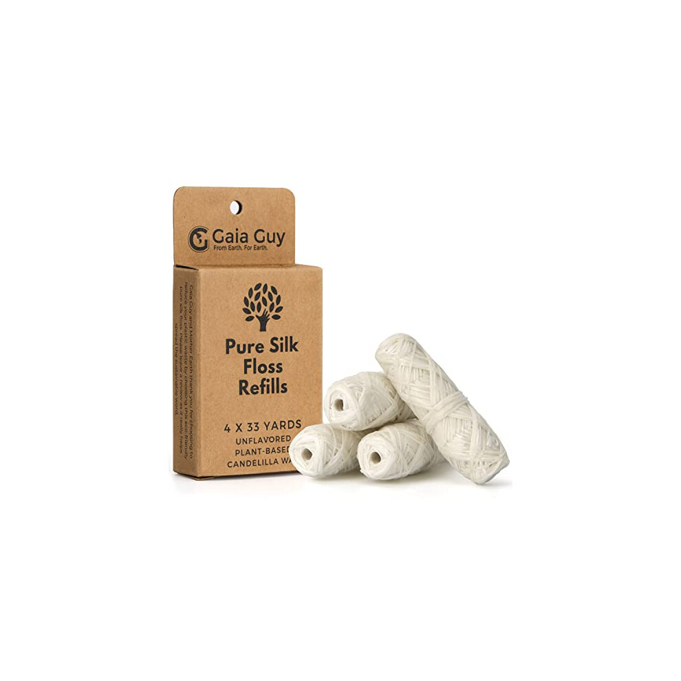 Gaia Guy Silk Dental Floss Refill | Unflavored Natural Silk | 4 Spools X 33Yds | Compostable, Sustainable & Biodegradable Silk Flossing Thread & Eco-Friendly