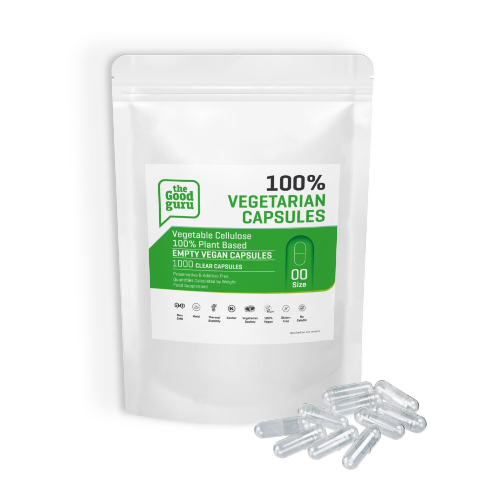The Good Guru Vegetarian Empty Capsules Size 00 Vegan | Plant Based Vegetarian Capsule | Compatible With Capsule Filling Machine | By (Clear, 1000)