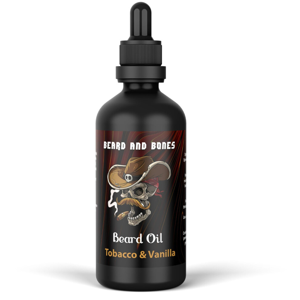 100ml Beard Oil for Men - Beard and Bones | Jojobia, Almond, Avocado and Castor Oil,| Choice of 6 Scents | Vegan, Cruelty Free (Tobacco & Vanilla)