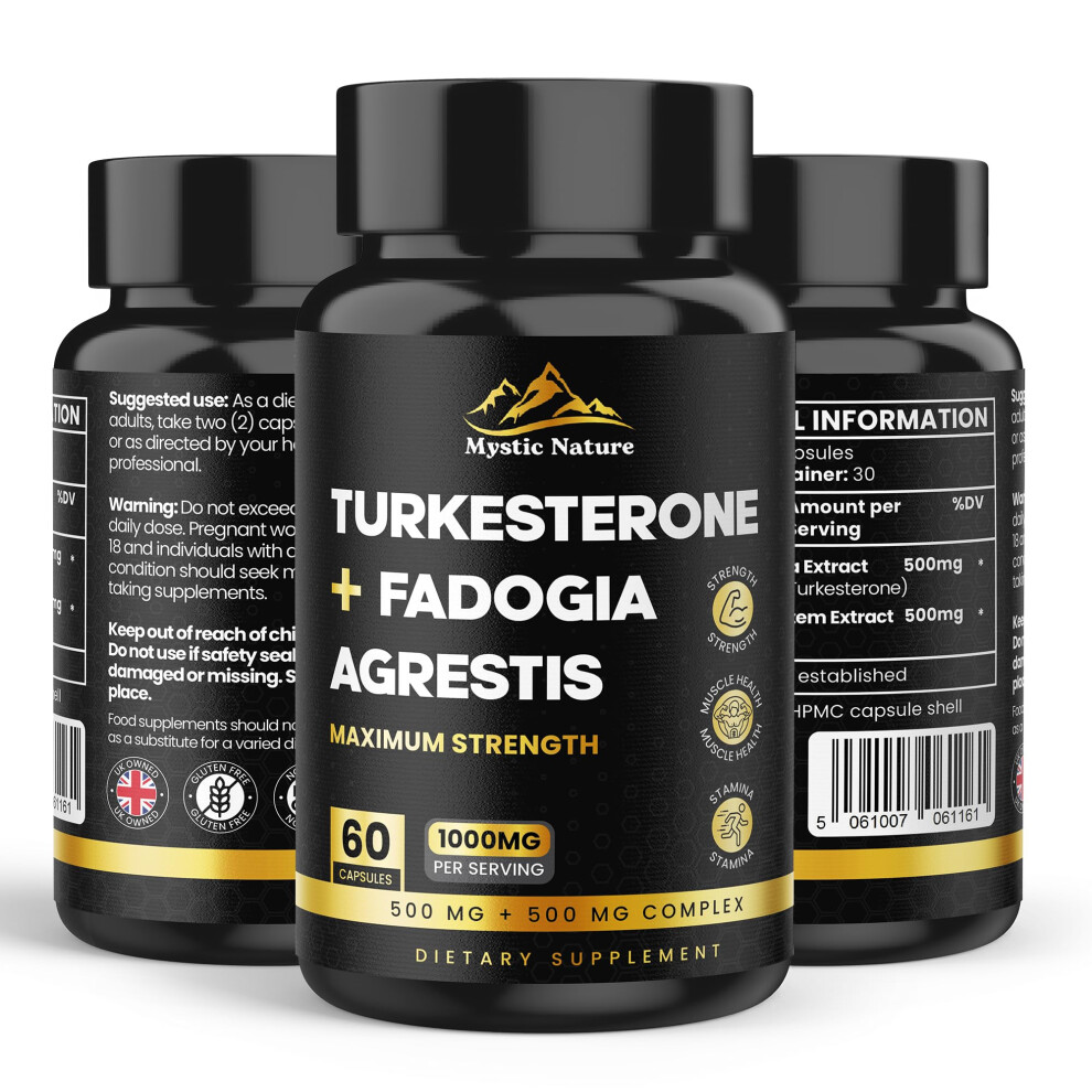 Turkesterone + Fadogia Agrestis | 1000 MG | Maximum Strength Muscle Growth Supplements | 100% Natural Non-GMO Gluten Free Vegan | 60 Capsules