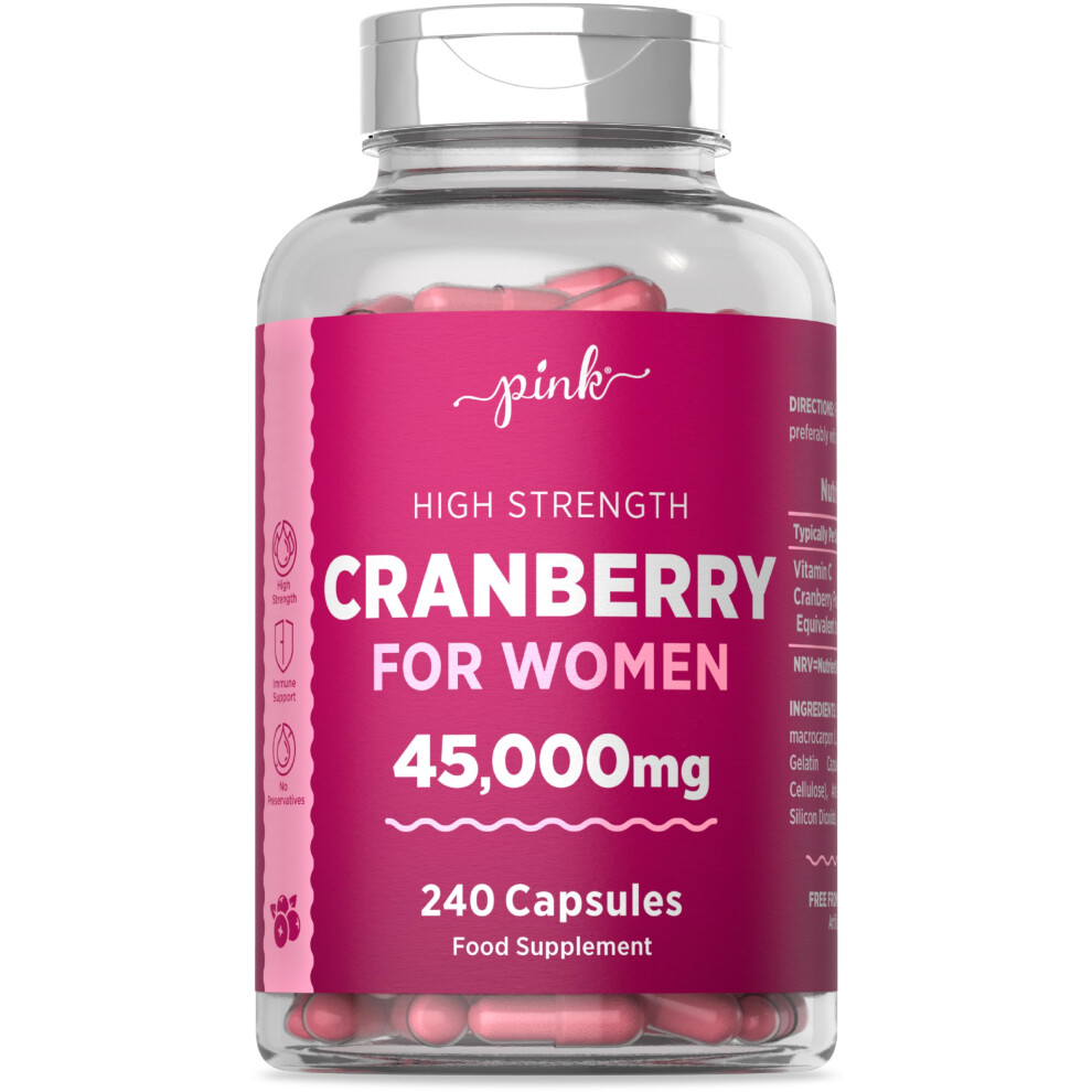 Cranberry Capsules 45,000mg for Urinary Infections | 240 High Strength Capsules | with Vitamin C | by Pink