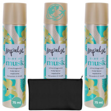 Impulse Body Spray Womens Bundle, Hint of Musk by Wishesla 75-ml, Pack of 3 Ladies Deodorant Spray and Black Cosmetic Pouches For Toiletries (3-Pack