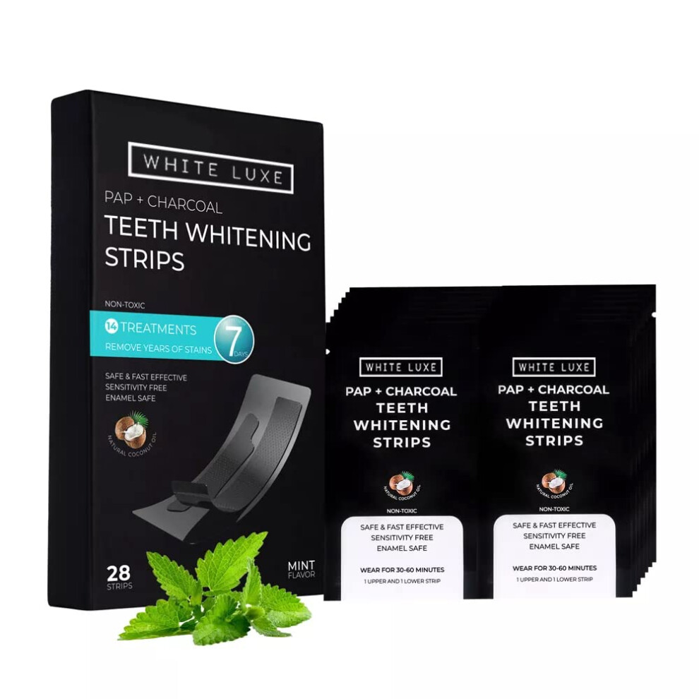 White Luxe Charcoal Teeth Whitening Strips - Coconut Oil & Mint, Fast Results Home Teeth Whitener - Peroxide Free For Sensitive Teeth - 14 Treatments