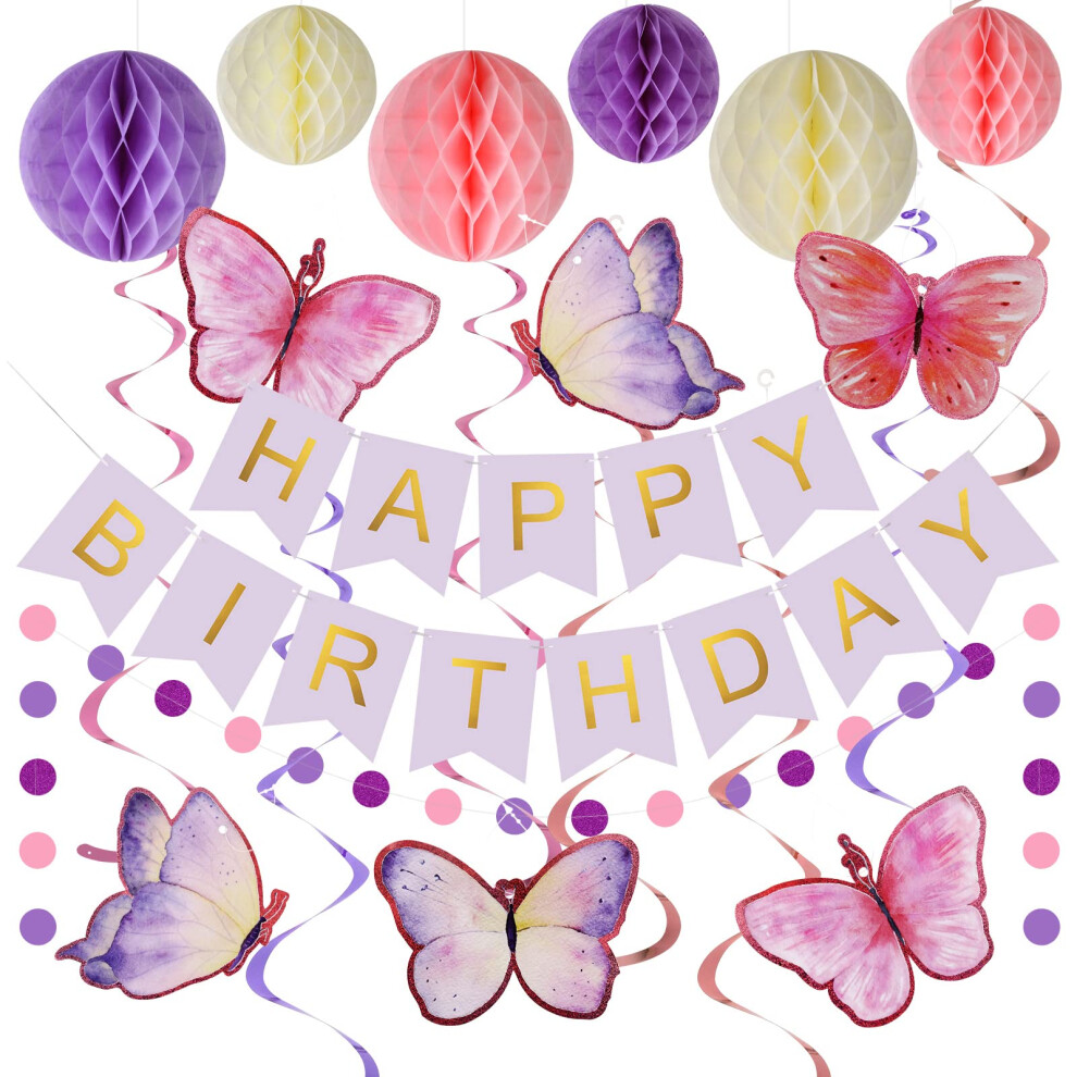 Lsoar Purple Birthday Decoration, Happy Birthday Banner With Honeycomb Ball, Butterflies Hanging Swirl Streamer, Circle Dot Garland Decoration,