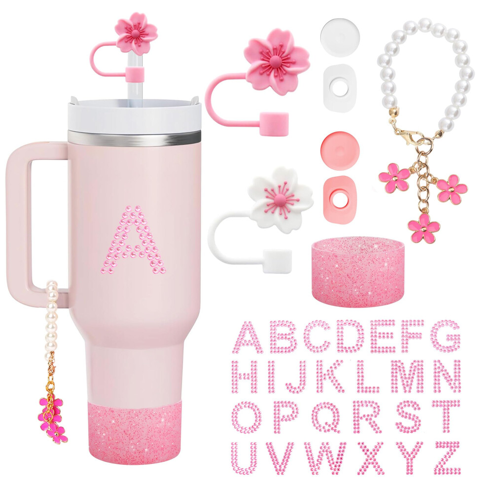 Letter Cup Accessories 9 Pcs Compatible with Stanley Includs 2 Straw Topper, 6 Silicone Spill Proof Stopper,1 Personalized Name Letter Stickers,1