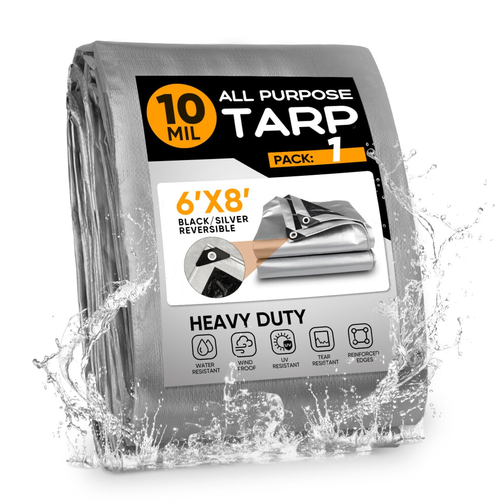 10Mil Tarpaulin,1.8x2.4 m/6x8 ft Large Tarpaulin with Grommets and Reinforced Edges,150g/m² Heavy Duty Waterproof Tarp for Firewood Roof Pool
