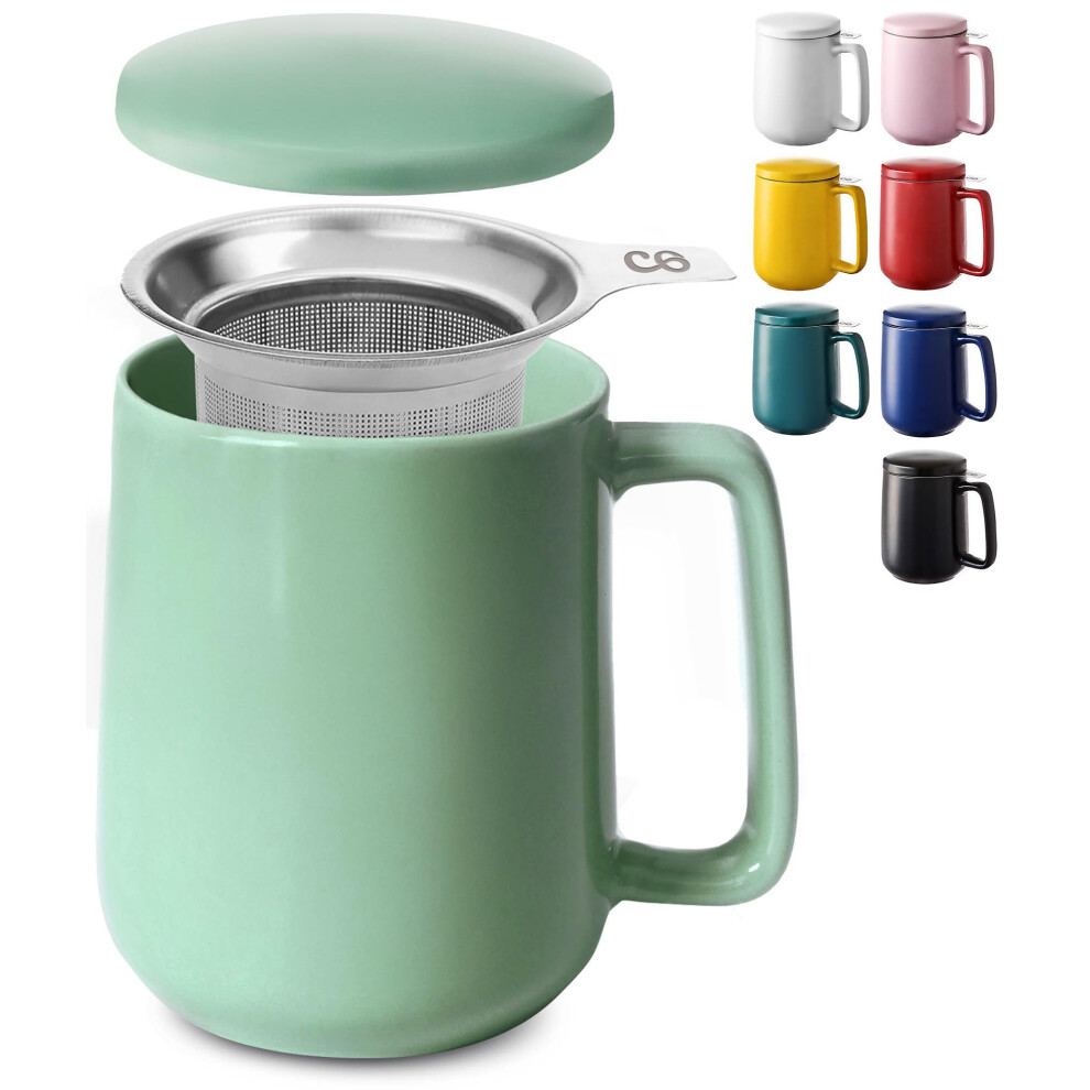 Tea Cup with Infuser and Lid - 500ml Large - Turquiose Ceramic Mug - Long Warmth - Scratch Resistant - Dishwasher Safe