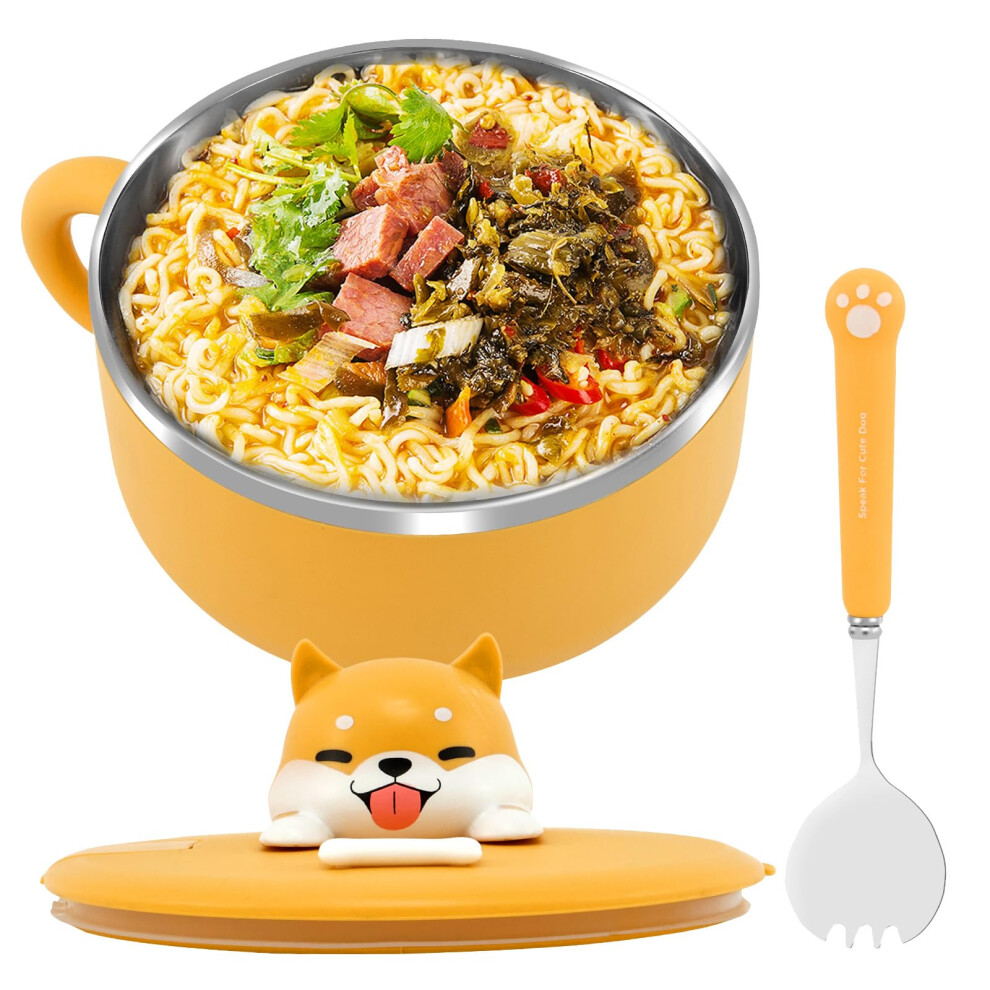 Ramen Bowl with Handle and Lid, 1200ml Large Instant Noodle Bowl with Lid and Spork, 304 Stainless Steel Noodle Bowl Heating Cup Noodles Soup Bowl,