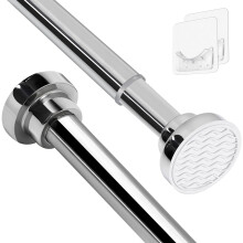 Stainless Steel Extendable Shower Curtain Rod Tension Pole (130-193cm) with 2 Holders and Net Voile Curtains Rail - Telescopic, No-Tool Install