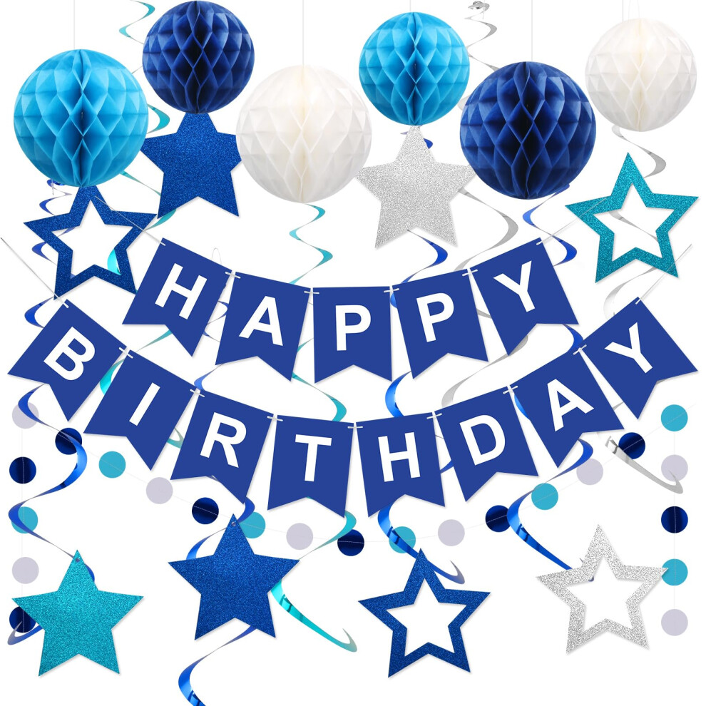 Lsoar Blue Birthday Decoration, Navy Happy Birthday Banner With Honeycomb Ball, Star Hanging Swirl Streamer, Circle Dot Garland Decroations, Birthday