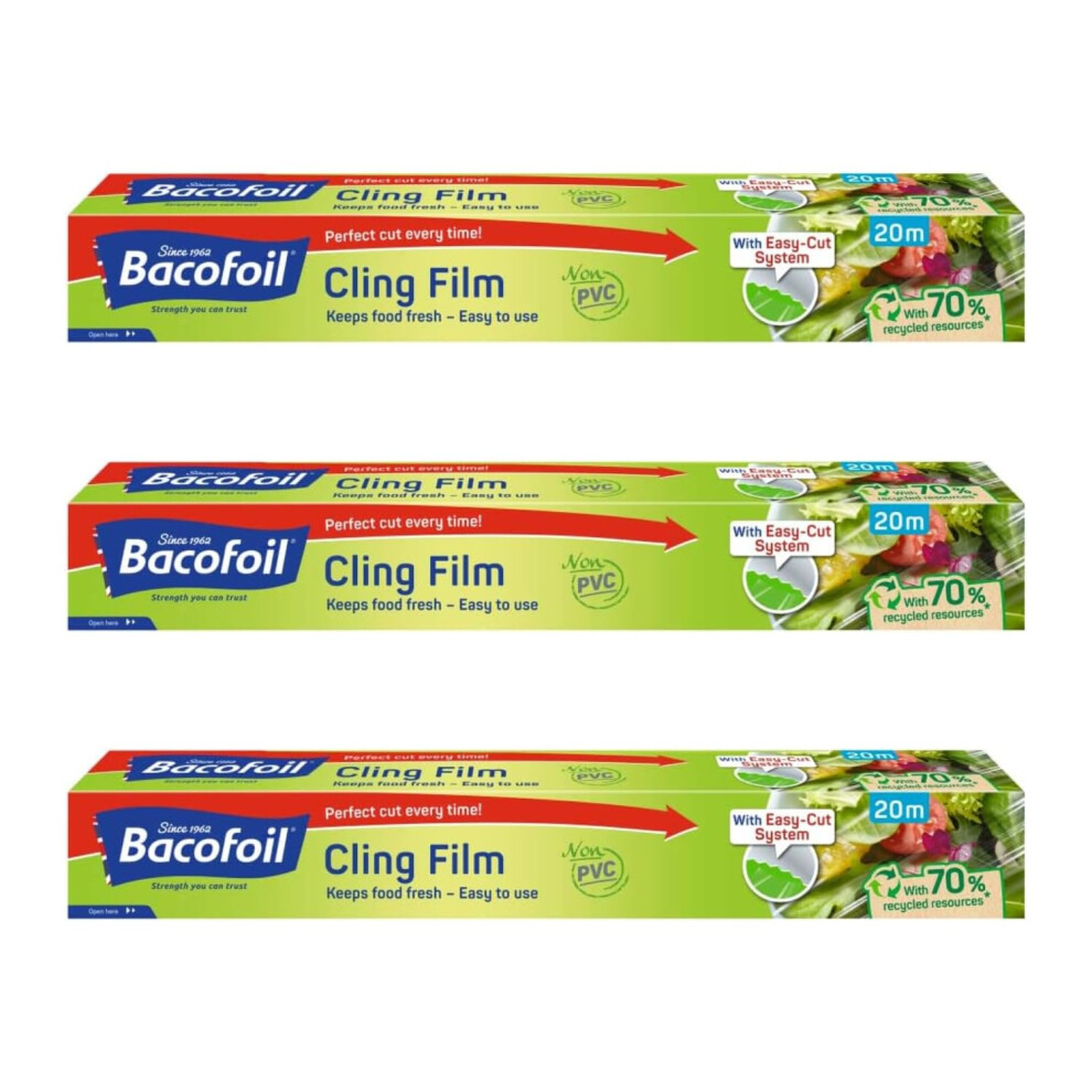 3 X PVC Free Cling Film with Easy-Cut 32.5cm x 20m - Pack of 3 | Easy-Cut Design | Kitchen Essential | Total 60m of Cling Film (Pack of 3)