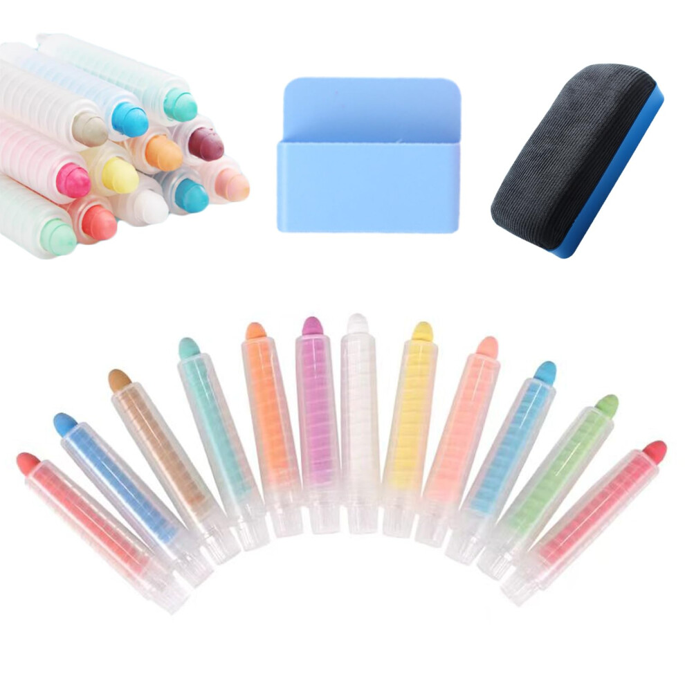 12Pcs Kids Dustless Chalk with Holder for Chalkboard Whiteboard Non-Toxic Colored Chalk with Magnetic Chalk Storage Holder and Blackboard Eraser