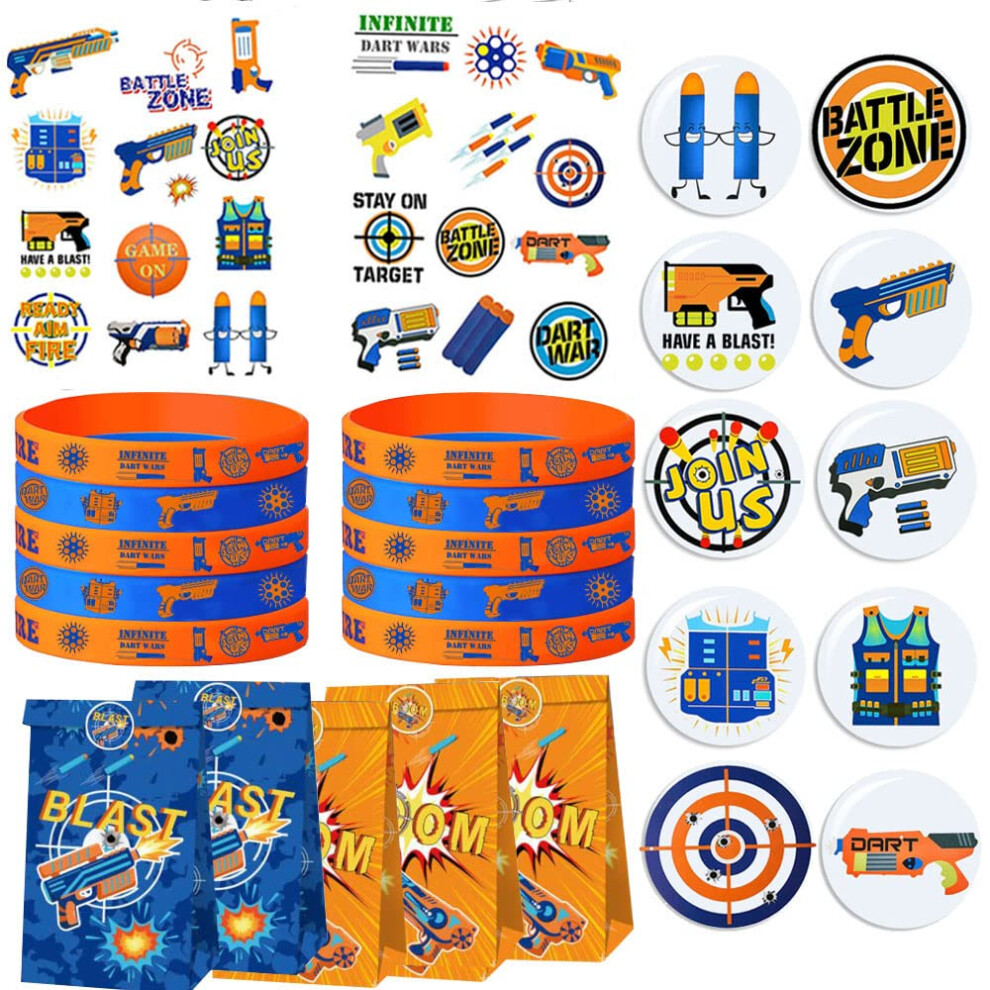 Ghberll 60Pcs Dart War Birthday Party Favor Supplies - Dart War Silicone Wristbands, Temporary Tattoos,Goodie Gift Bags, Stickers And Badges For Baby Shower