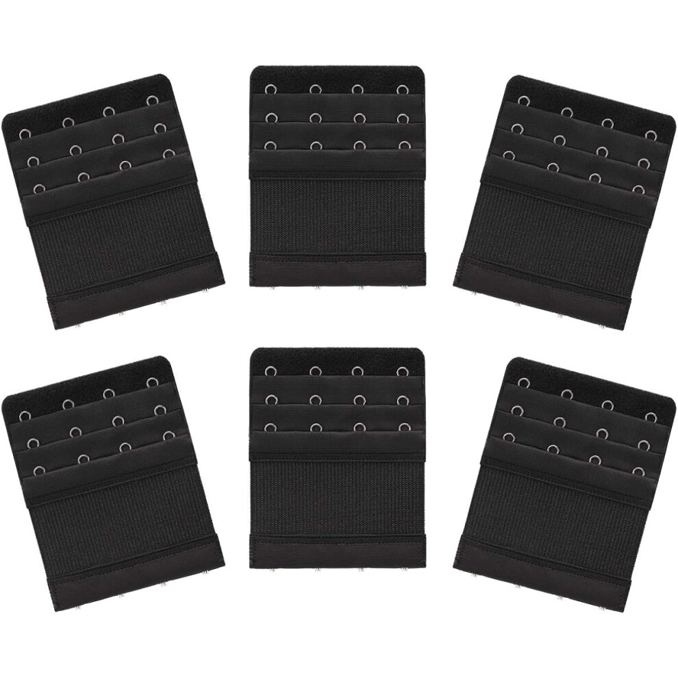 6 Pieces Women's Soft Comfortable Elastic Bra Extenders Bra Extension Strap 4 Hook 3 Row - Black
