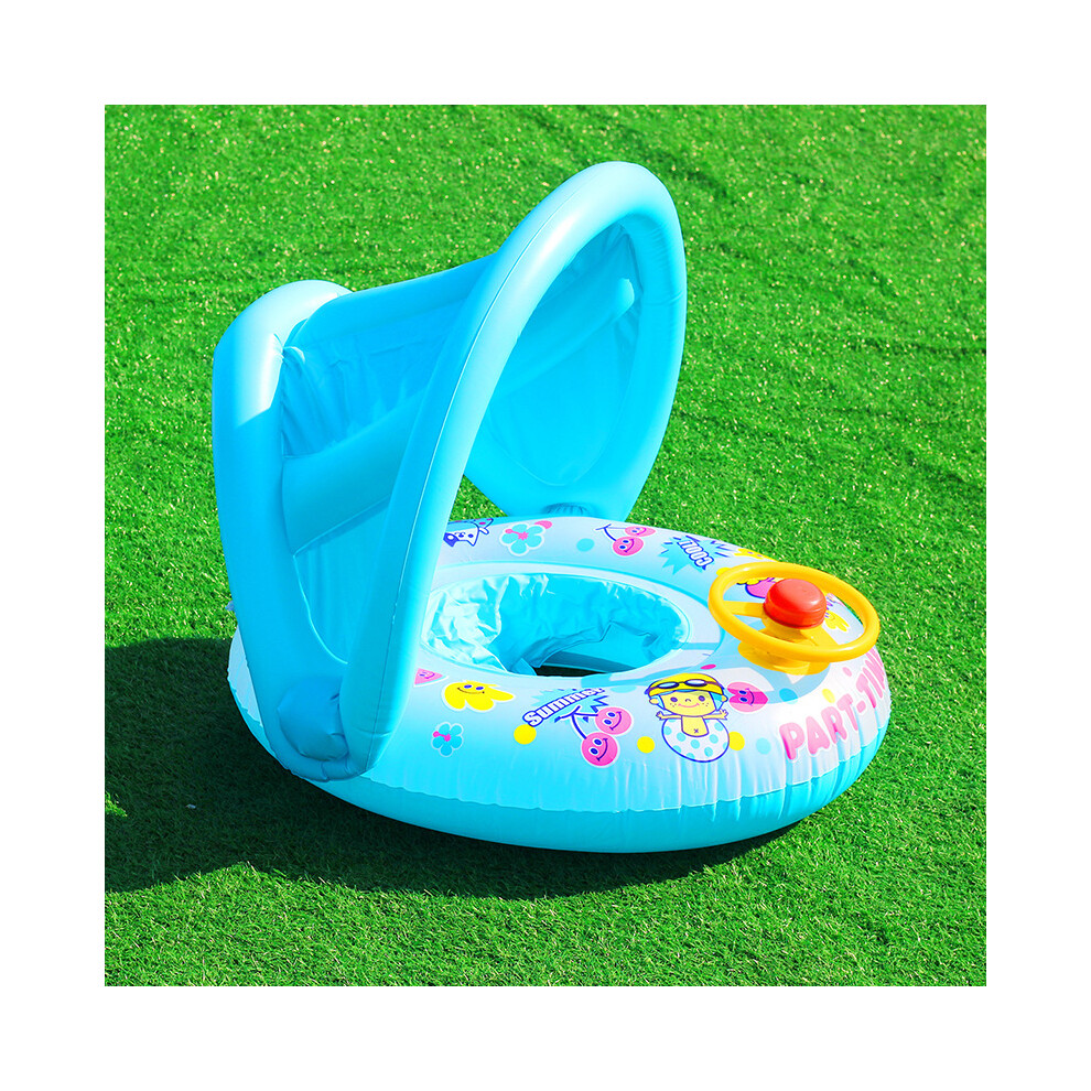 (Blue) Baby Float Boat Seat With Shade Canopy Kids Inflatable Swimming Pool Ring Aid