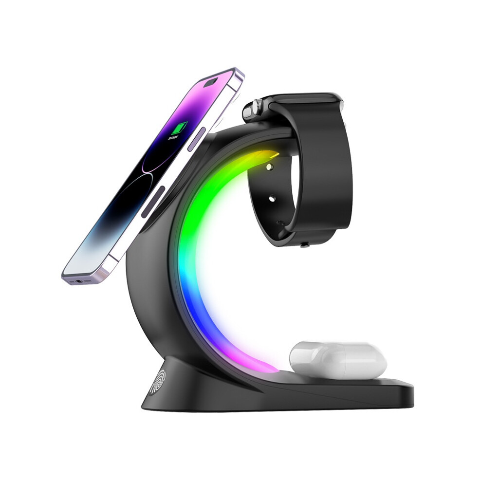 Chronus 3 In 1 Magnetic Wireless Charger With Rgb 15W Fast Charging For Iphone 15-12 Series,For Airpods 3/Pro/2, Iwatch Ultra/S9-S7/Se(Black) Light/Black 6976918017345
