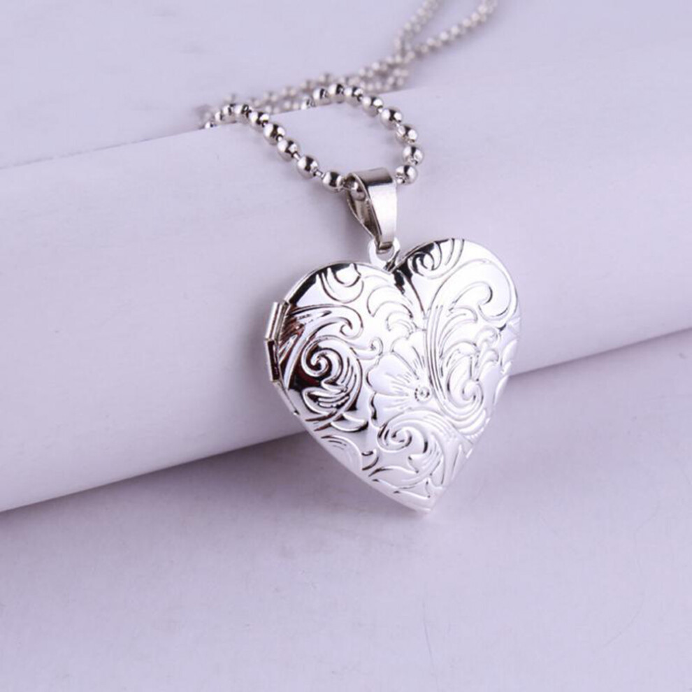 (silver) Heart Locket Necklace with Photo Frame, 70cm Chain, Silver