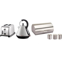 6PC Set of Electric Kettle, Toaster, Bread bin & 3 Canisters - Silver