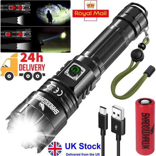 Shadowhawk S9322 USB-C Rechargeable Torch - 30000 Lumens, XHP70.2 LED, IP67 Waterproof, 5 Modes, Zoomable Focus, Emergency Camping Light
