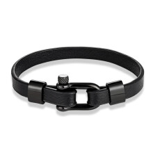 (21cm, Black) Unisex Leather Bracelet Screw Shackle Buckle Bangle Wristband