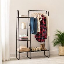 Freestanding Garment Rack in Black Metal with 1 Hanging Rod and 4 Shelves