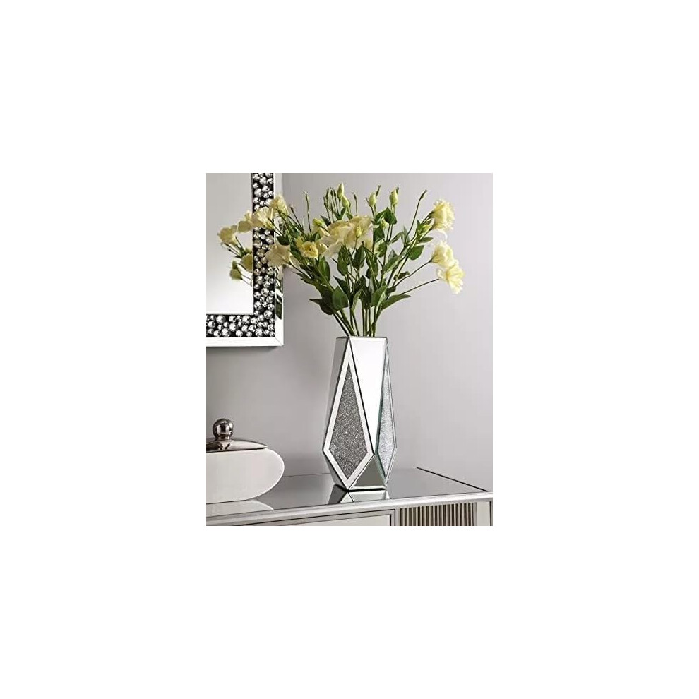 Silver Glass Vase for Decor, Crushed Diamond Flower Mirror Vase, 30 cm
