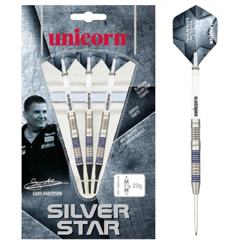 (23g, Silver/Grey) Unicorn Gary Anderson Silver Star Tungsten Darts Set (Pack of 3)