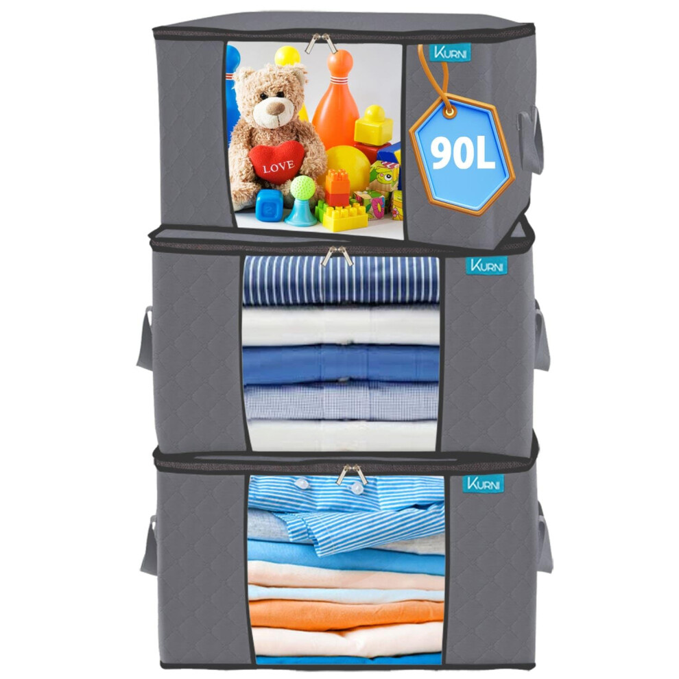 Kurni Clothes Storage Bags Organiser 3 Pack Grey, Large Moving Boxes 90L Capacity, 3 Sided Zipper Storage Box For Wardrobe, Storing Linen, Toys Or Duvet.