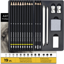 Artisan Studio Complete Drawing Pencil Set: 10 Graphite (12B–4H), 3 Charcoal Pencils, 2 Blending Stumps, Vinyl & Kneaded Erasers, 2 Sharpeners