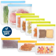 10 Pack Dishwasher Safe Reusable Food Storage Bags (5 Resuable Sandwich Bags, 3 Reusable Snack Bags, 2 Freezer Gallon Bags), Extra Thick Leakproof