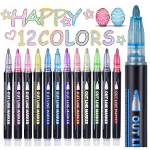 Glitter Pens Outline Marker Pens, Gifts for 4-12 Year Old Girls, Gifts for Teenage Girls, 12 Colours Double Line Metallic Outline Pens for Scrapbook,