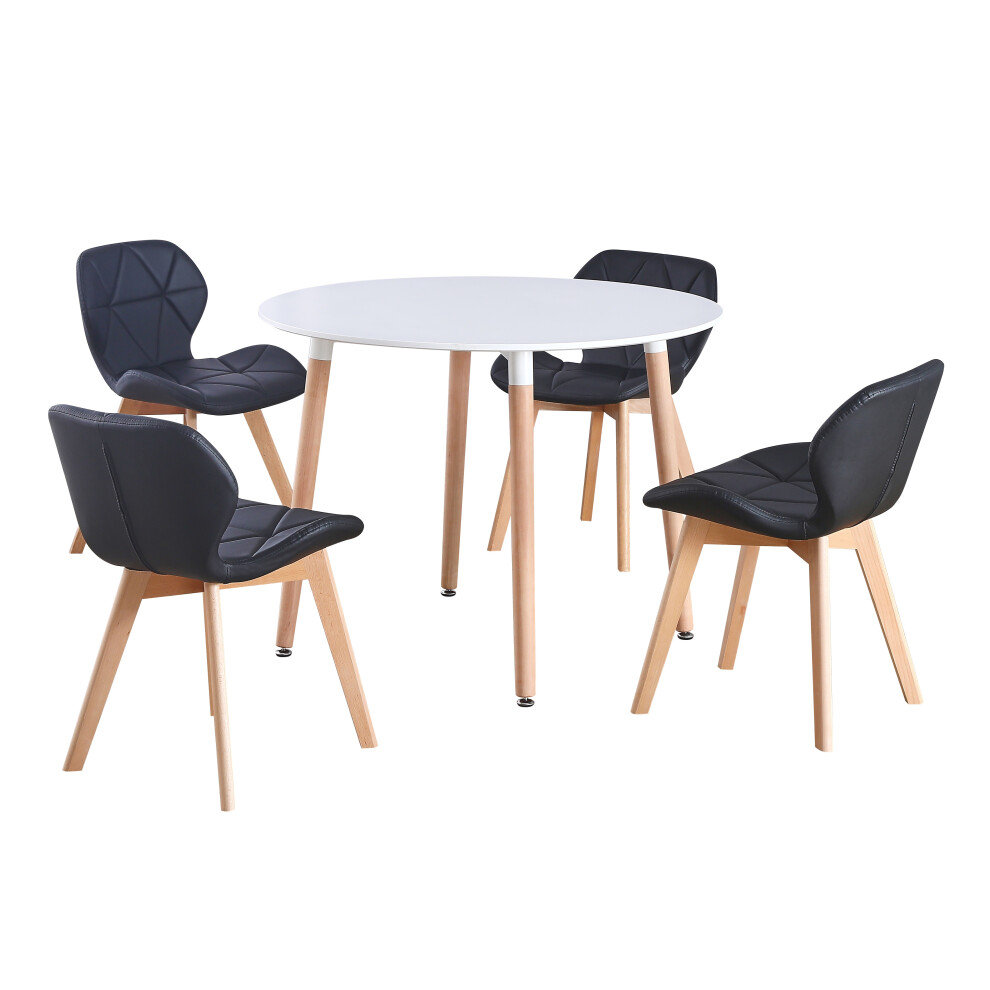 (White Table & Black PU Chairs) Charles Jacobs Round 4 Seat Dinner Table & Chair Circular Scandi Set for Nordic Kitchen Dining