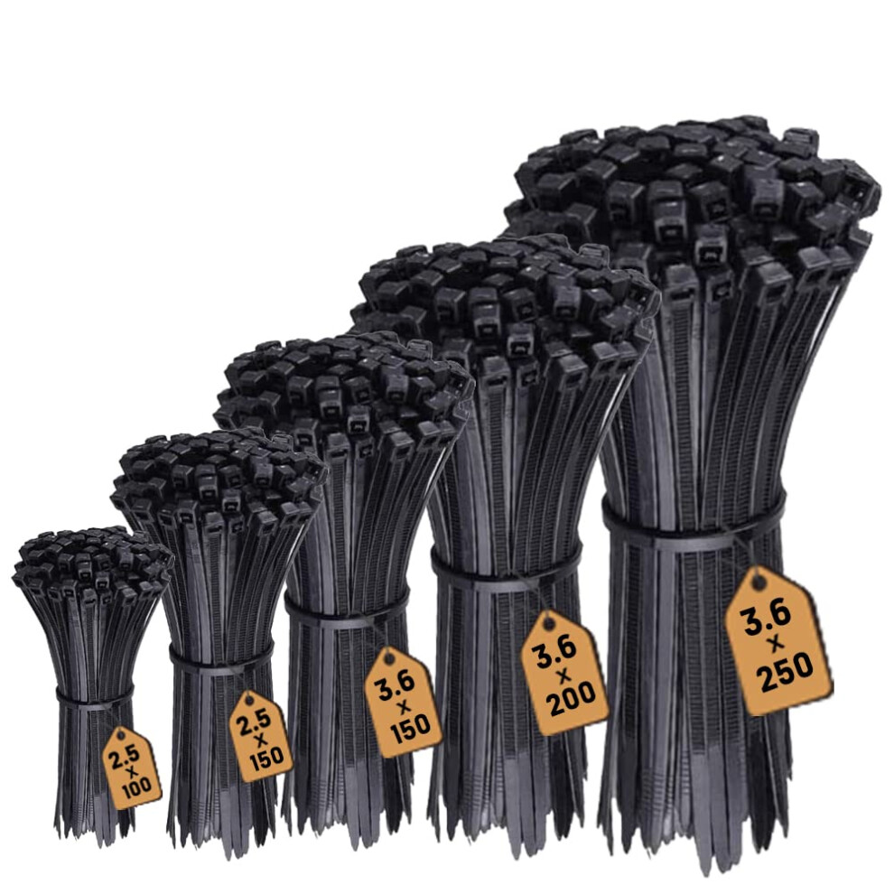 Photos - Electrical Wire & Cable 500 Pack Cable Ties Black, Heavy Duty Zip Ties Long Small tie Wraps (100mm x 2.5, 150mm x 2.5, 150mm x 3.6, 200mm x 3.6, 250