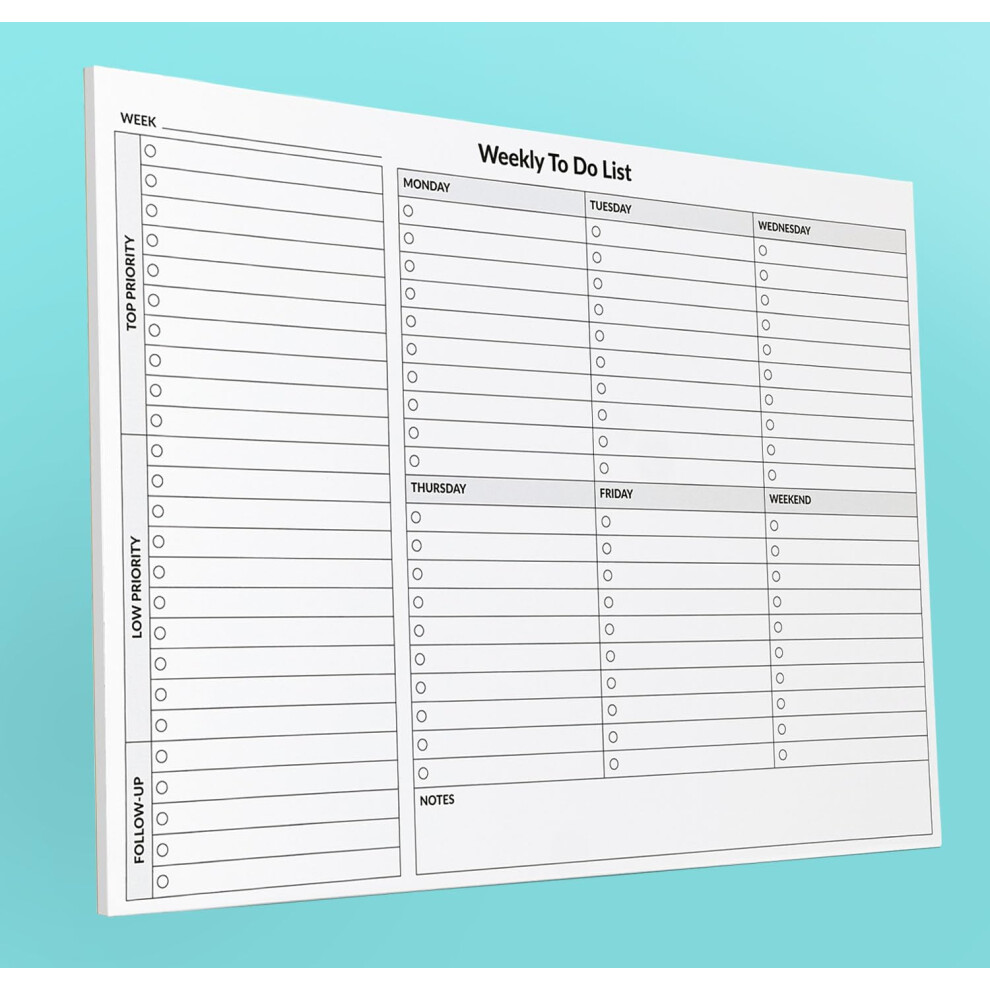 A4 Weekly Desk Planner/To Do List - 52 tear off sheets - Quality 100gsm paper with a strong 1000 micron Whiteboard Backing - Perfect For Home or