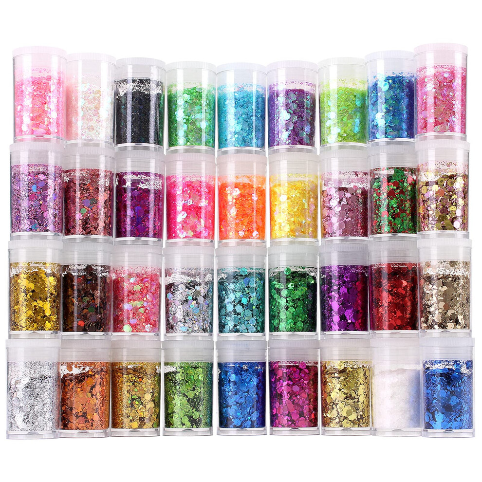 Estanoite Chunky And Fine Glitter Mix, 36 Colors Chunky Sequins & Fine Glitter Powder Mix, Iridescent Glitter Flakes, Cosmetic Makeup Glitter For Face
